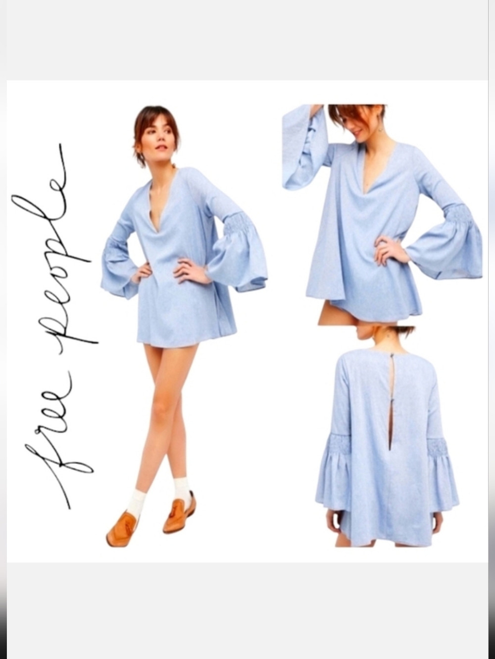 Free People Blue Chambray Relaxed Fit Bell Sleeve Mini Dress Romper Sz Small